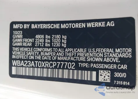 2024 BMW 430I из США, поврежденный, VIN WBA23AT0XRCP77702